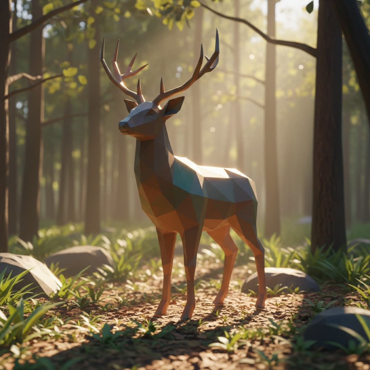 A geometric low-poly deer in a forest clearing — generated with Nano Banana