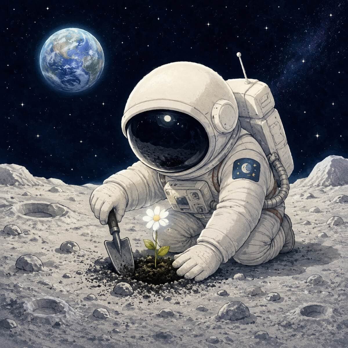 An astronaut planting a tiny flower on a moon rock, whimsical children book illustration