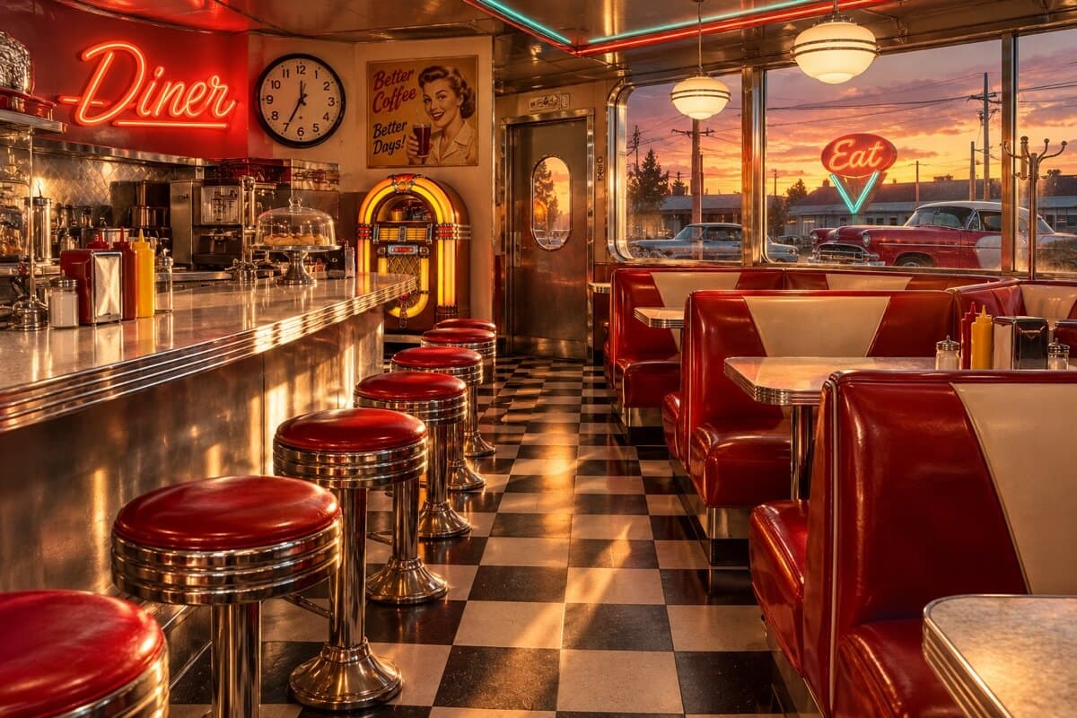 A 1950s American diner interior, chrome details, checkered floor, warm evening light