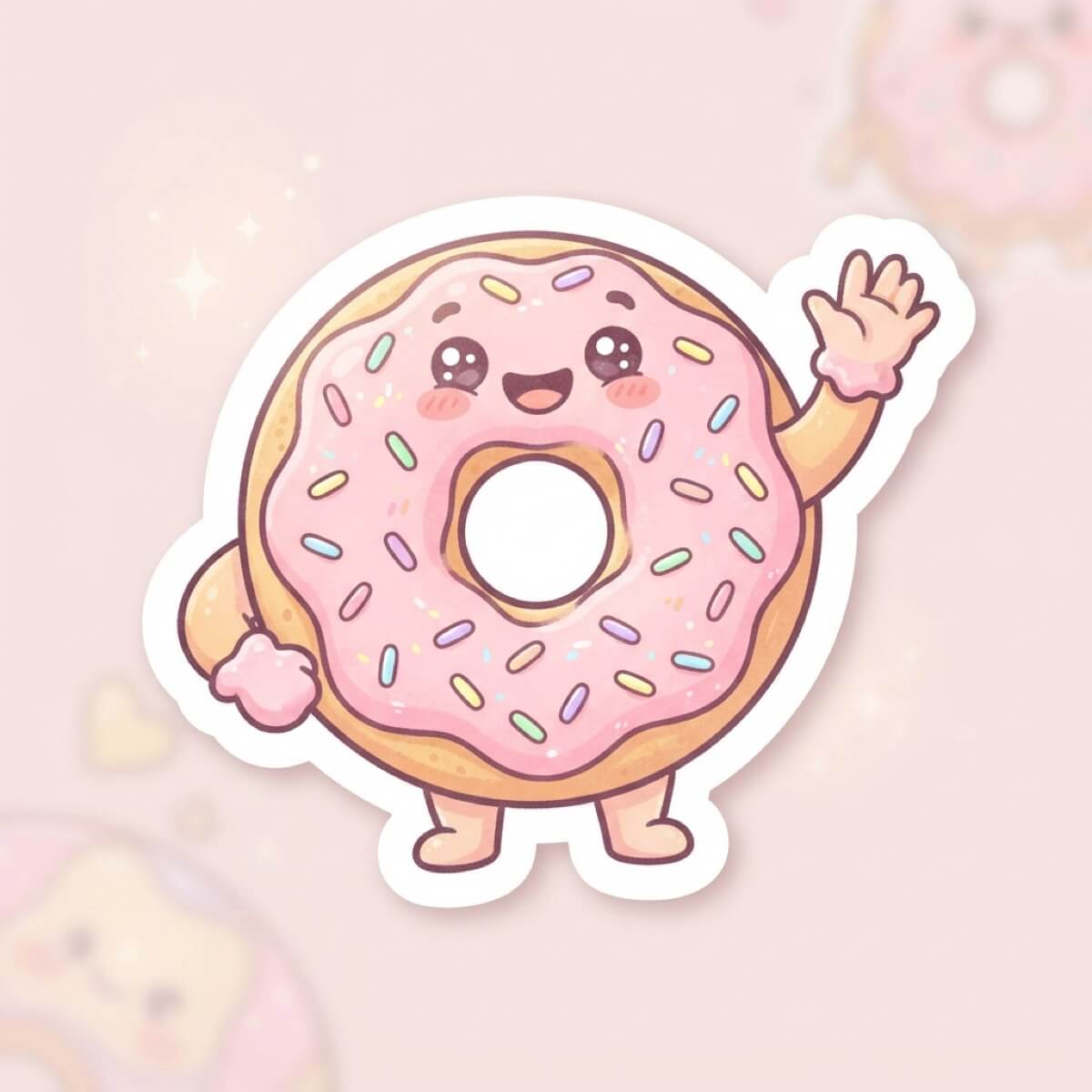 A pastel illustration of a happy donut character waving, sticker style