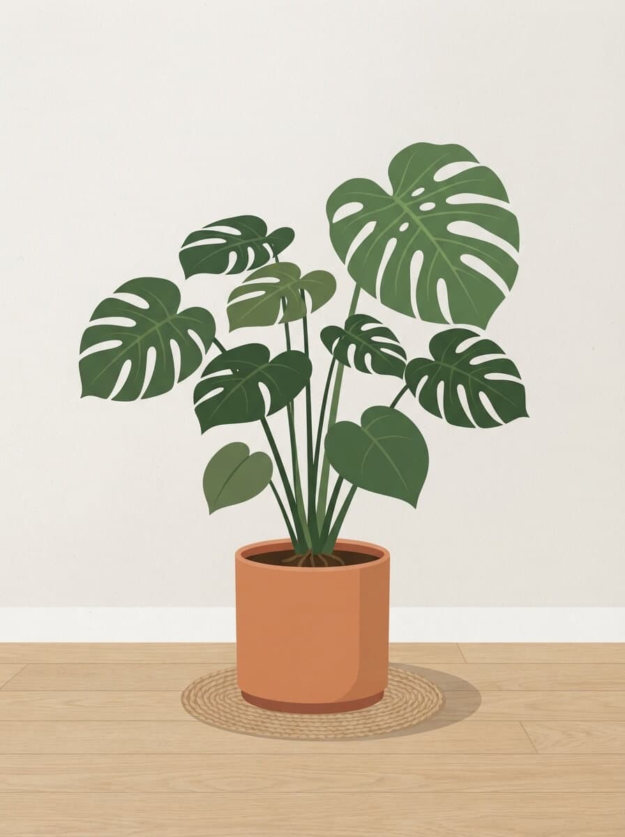A minimal flat illustration of a monstera plant in a terracotta pot