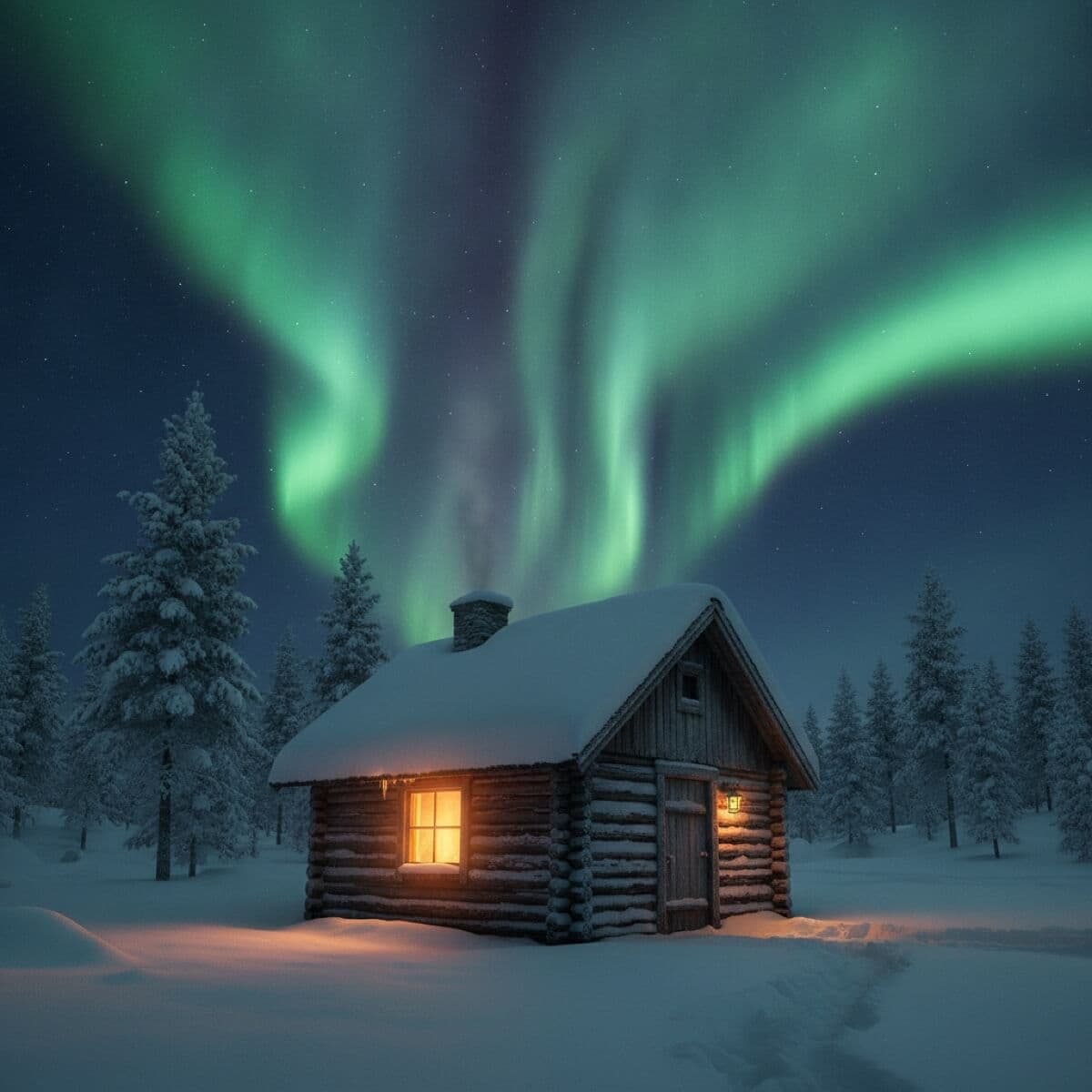 A tiny wooden cabin under the northern lights, soft snow, warm window glow