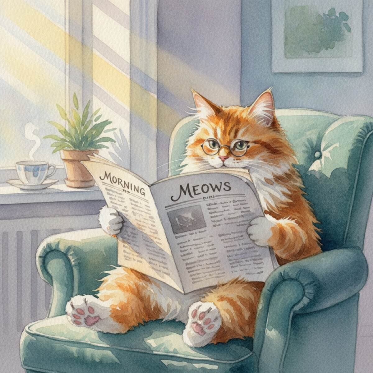 A watercolor cat wearing round glasses, reading a newspaper, gentle morning light