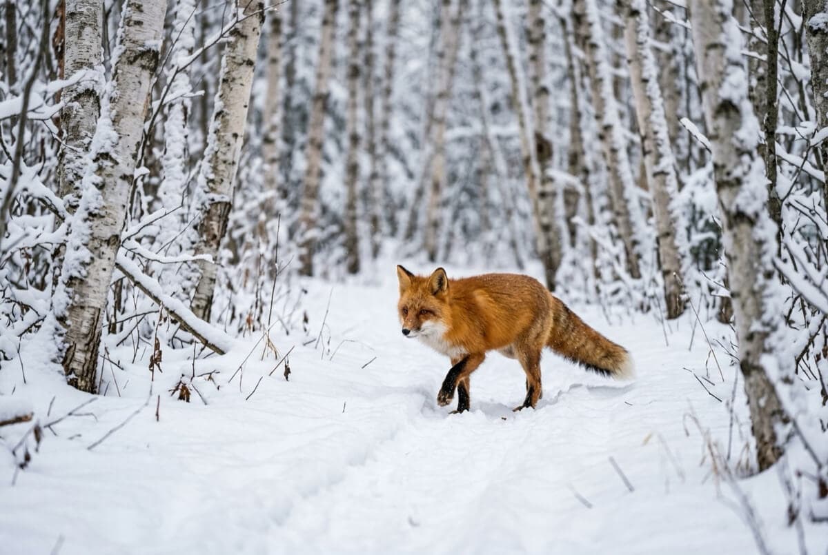 A red fox in a snowy birch forest, shallow depth of field, natural photography