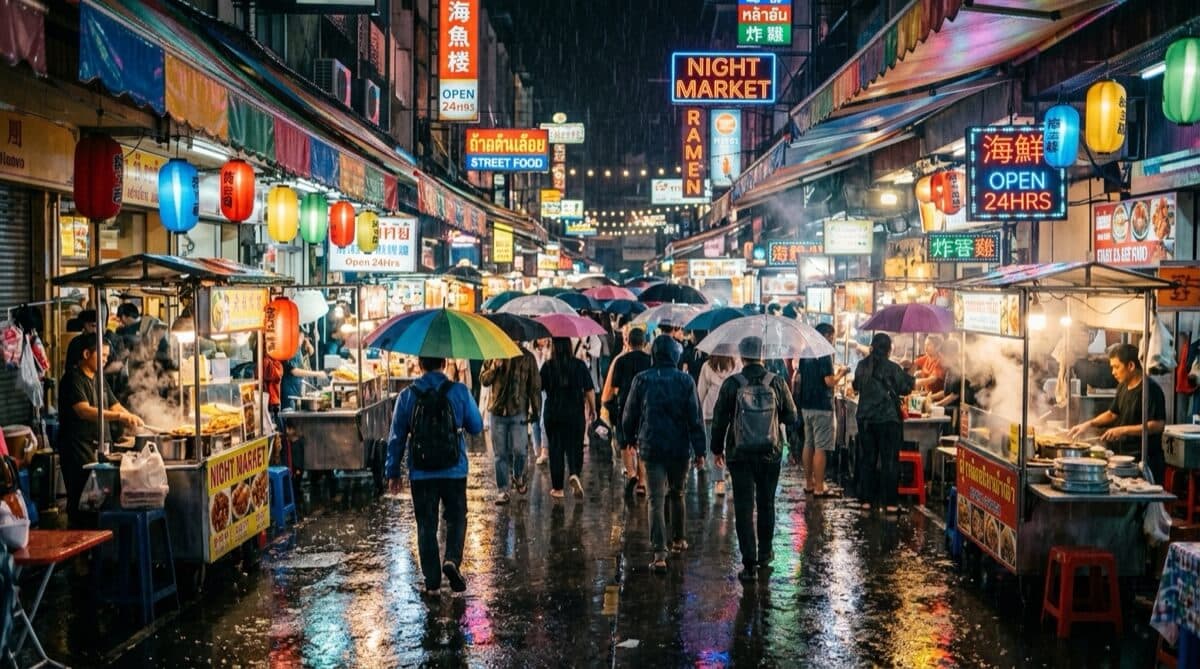 A bustling night market street in the rain, neon reflections, cinematic wide shot