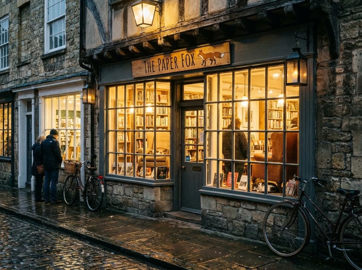 A cozy bookshop storefront at dusk, hand-painted sign reading 'THE PAPER FOX' — Scene + signage