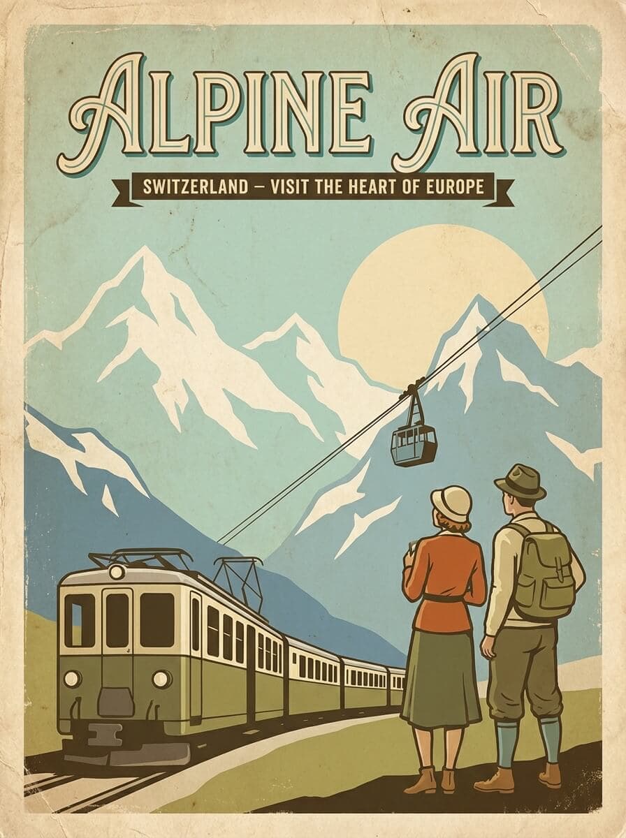A vintage travel poster for the Swiss Alps with the headline 'ALPINE AIR' in elegant retro serif type — Text rendering